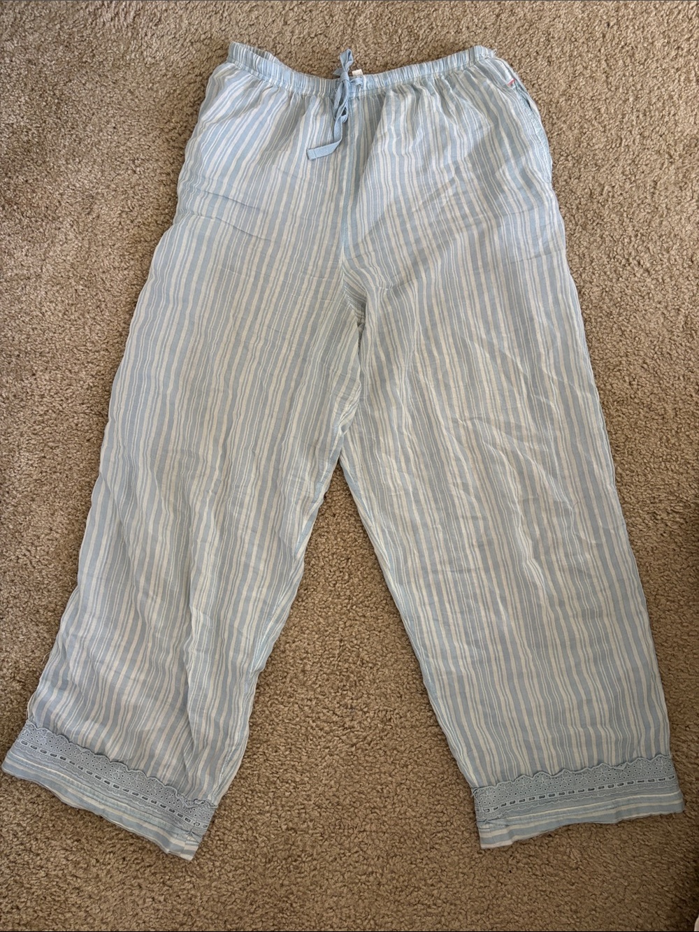 Free People Pale Blue & White Striped Cotton Lounge Pants with Lace Trim